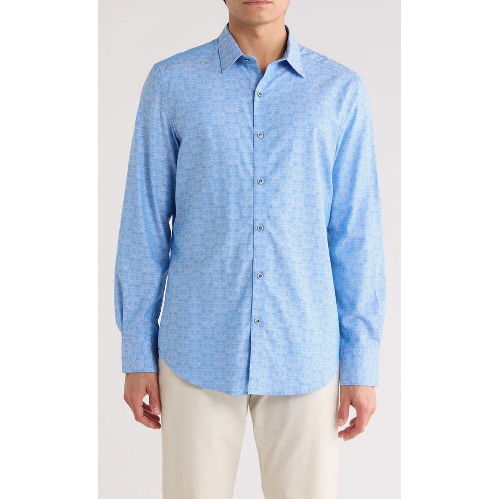 Robert Graham Mens Classic Fit Light Blue Ornate Cotton Dress Shirt Size XL
